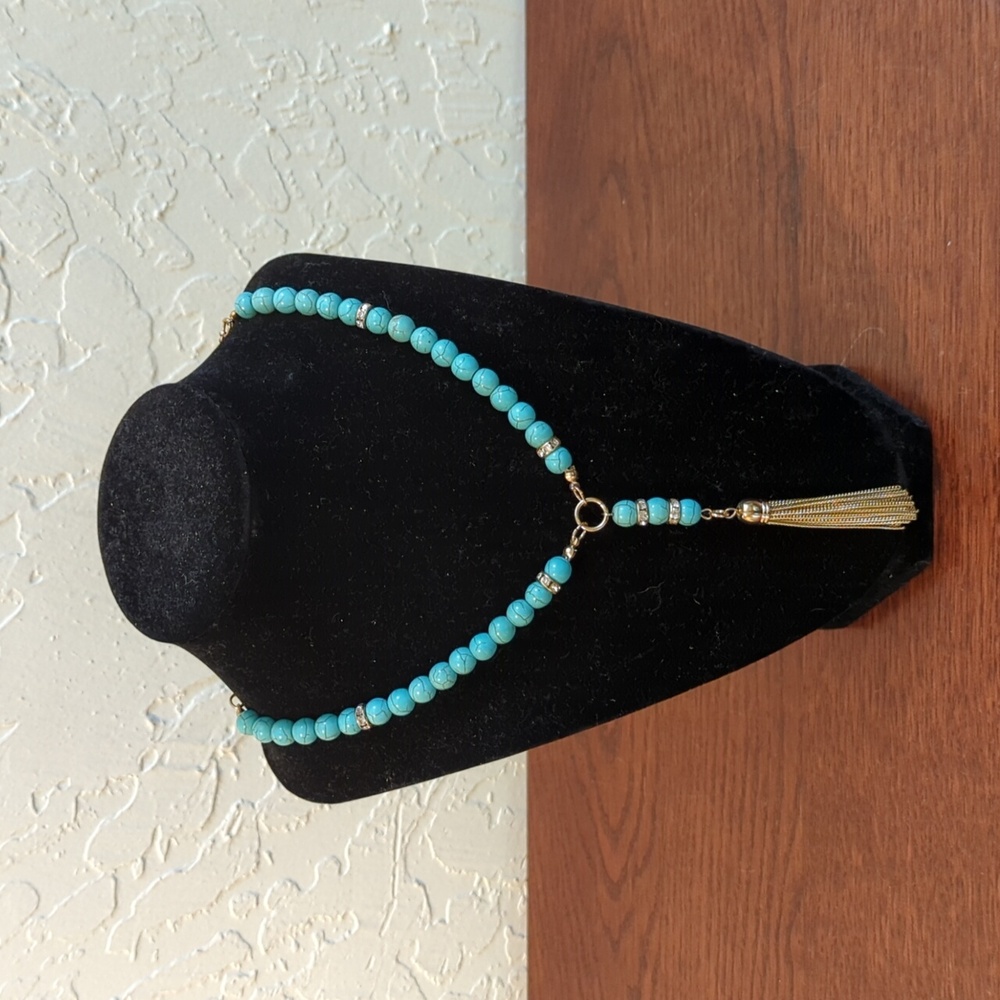 Charming Charlie Long 18-Inch Turquoise  Gold Tone Tassel Fringe Necklace